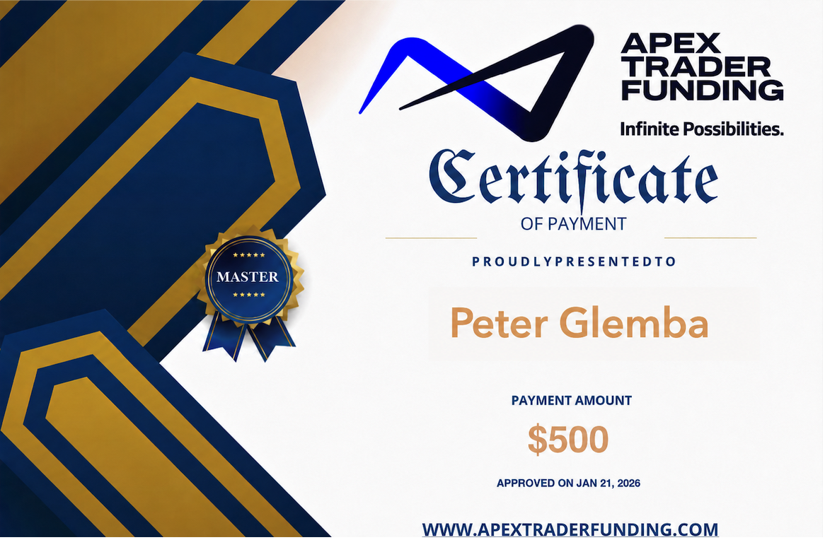 Peter Glemba Apex Trader Funding payout 500 USD schválený 21. januára 2026